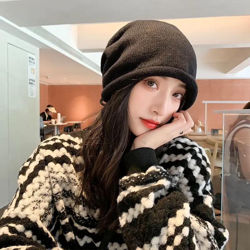 Women Wool Beanie Drawstring Cap Autumn Winter Lazy Wind Stack Cap - Image 10
