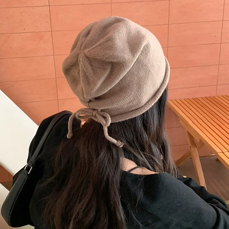 Women Wool Beanie Drawstring Cap Autumn Winter Lazy Wind Stack Cap - Image 11