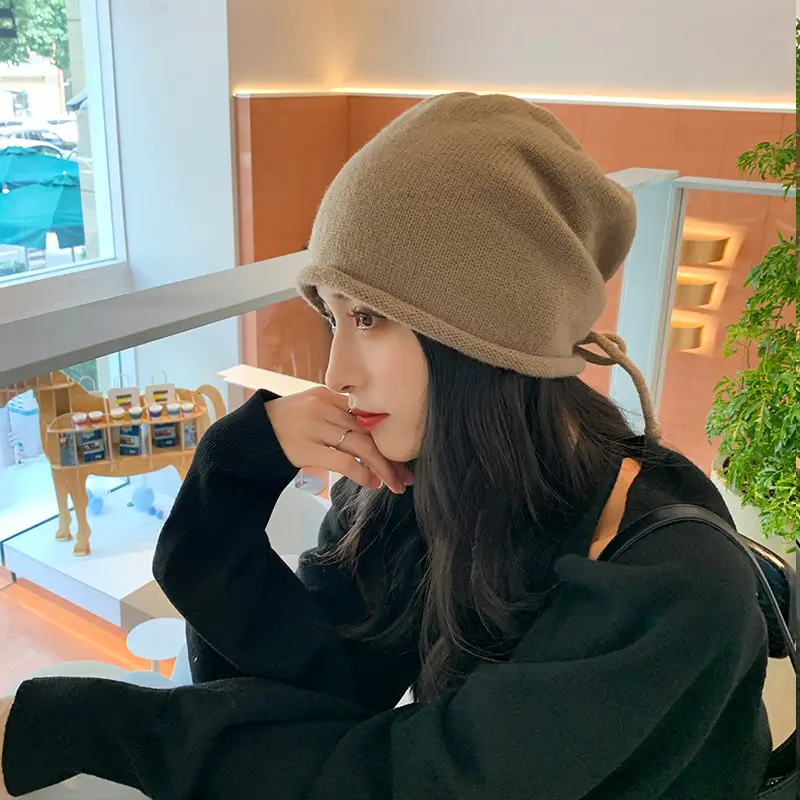 Women Wool Beanie Drawstring Cap Autumn Winter Lazy Wind Stack Cap - Image 12