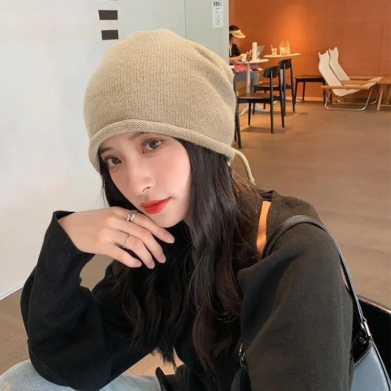 Women Wool Beanie Drawstring Cap Autumn Winter Lazy Wind Stack Cap - Image 2