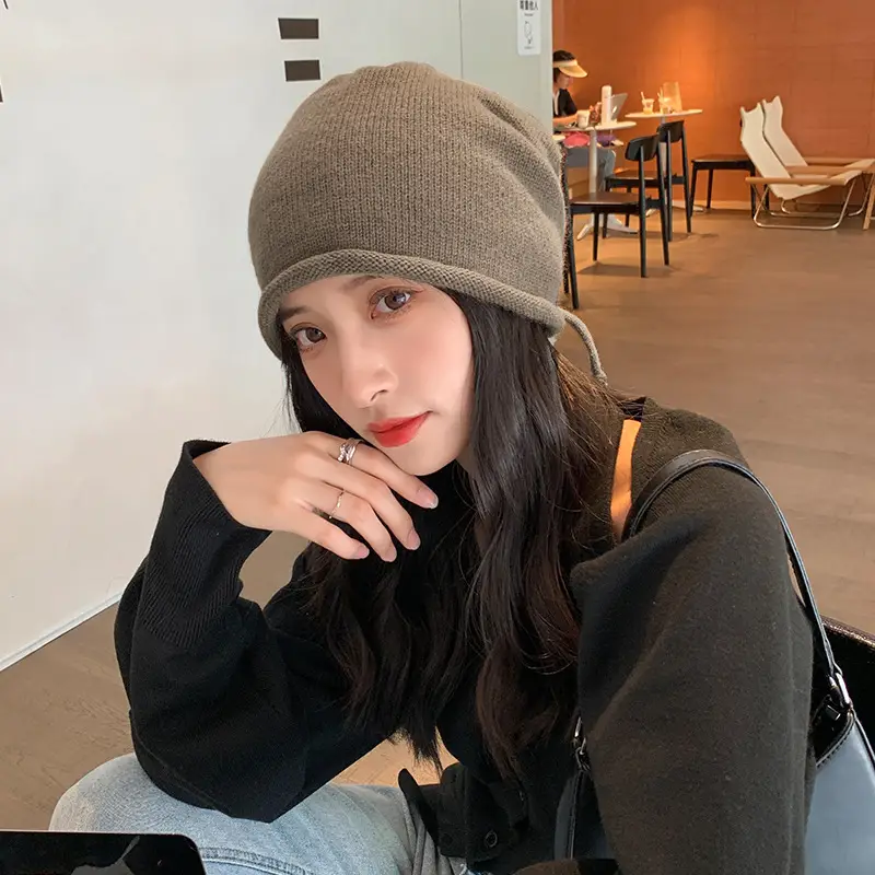 Women Wool Beanie Drawstring Cap Autumn Winter Lazy Wind Stack Cap - Image 4