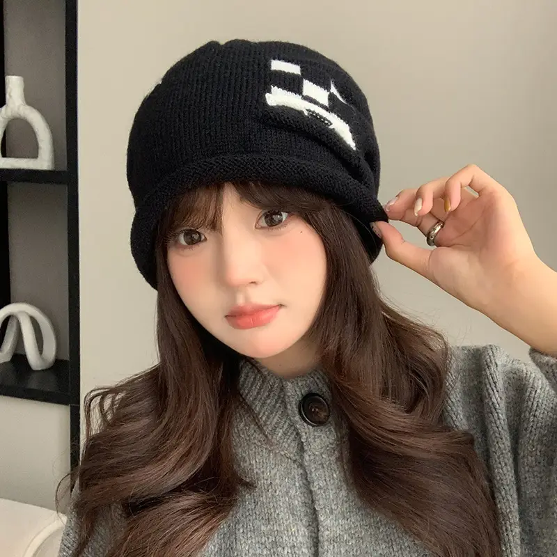 Women Wool Beanie Drawstring Cap Autumn Winter Lazy Wind Stack Cap - Image 5