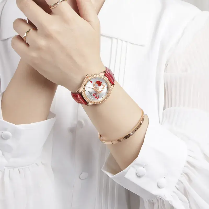 Voris Women's Heart Design Quartz Watch Red Leather Strap - Image 6
