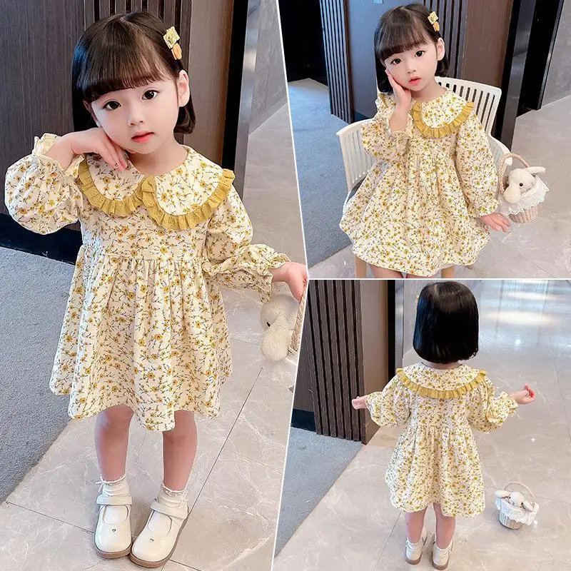 Girls Floral Dress Spring 2025 Kids Small Yellow - Image 3