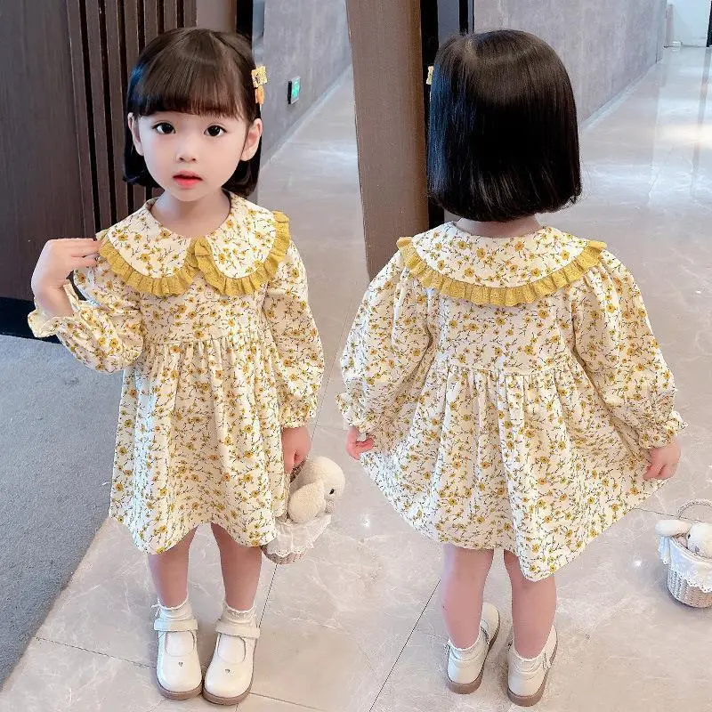 Girls Floral Dress Spring 2025 Kids Small Yellow - Image 5