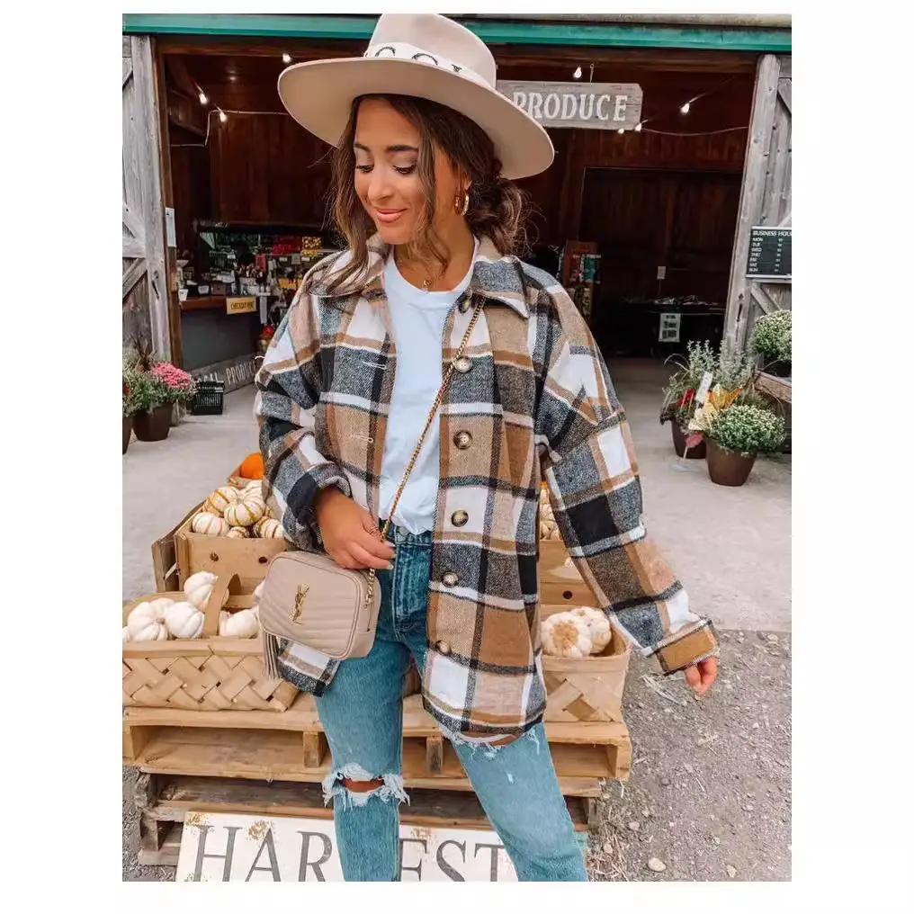 Women Plaid Long Sleeve Jacket Green Blue Mid Length - Image 6