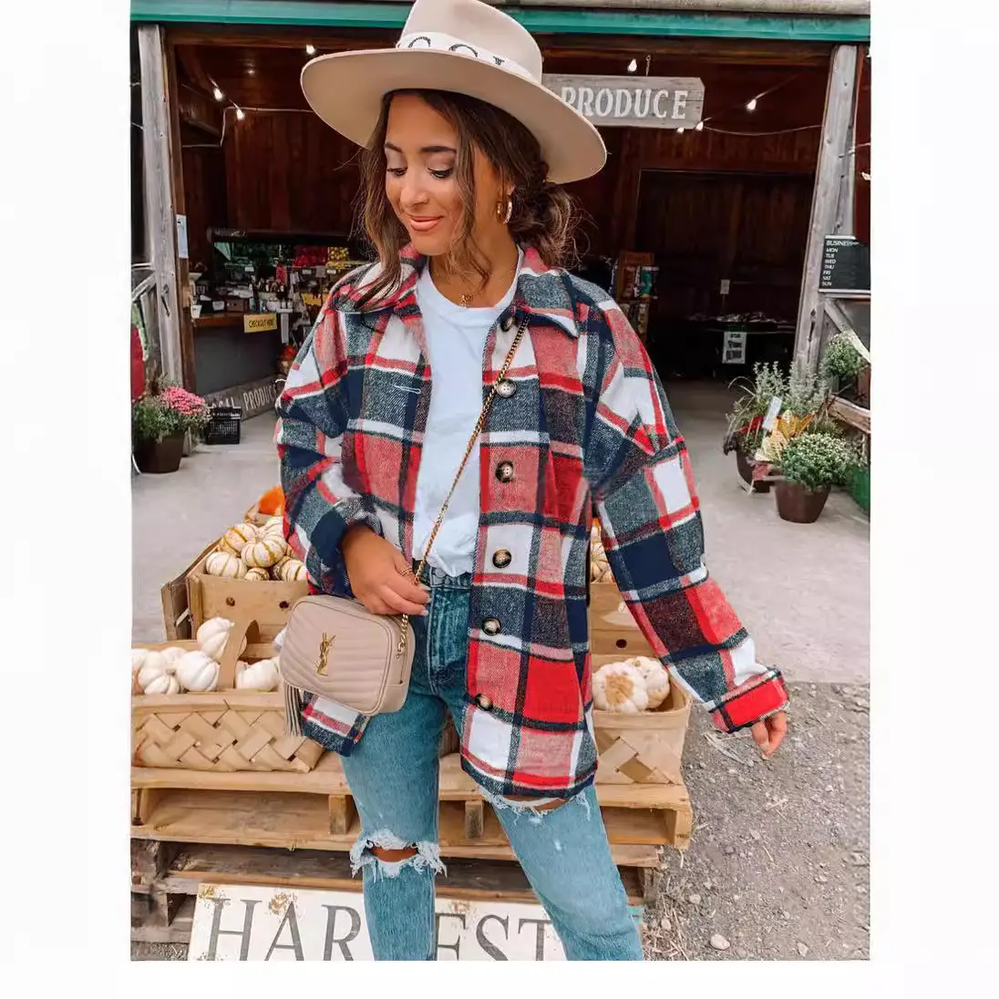 Women Plaid Long Sleeve Jacket Green Blue Mid Length - Image 7
