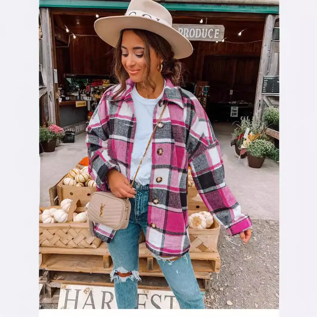 Women Plaid Long Sleeve Jacket Green Blue Mid Length - Image 8