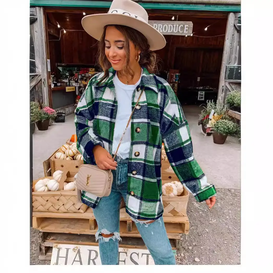 Women Plaid Long Sleeve Jacket Green Blue Mid Length - Image 9
