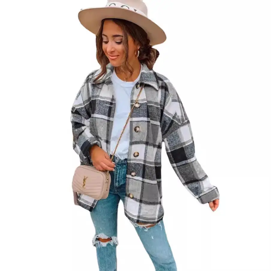 Women Plaid Long Sleeve Jacket Green Blue Mid Length - Image 10