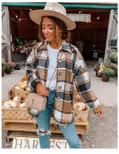 Women Plaid Long Sleeve Jacket Green Blue Mid Length — feature 77