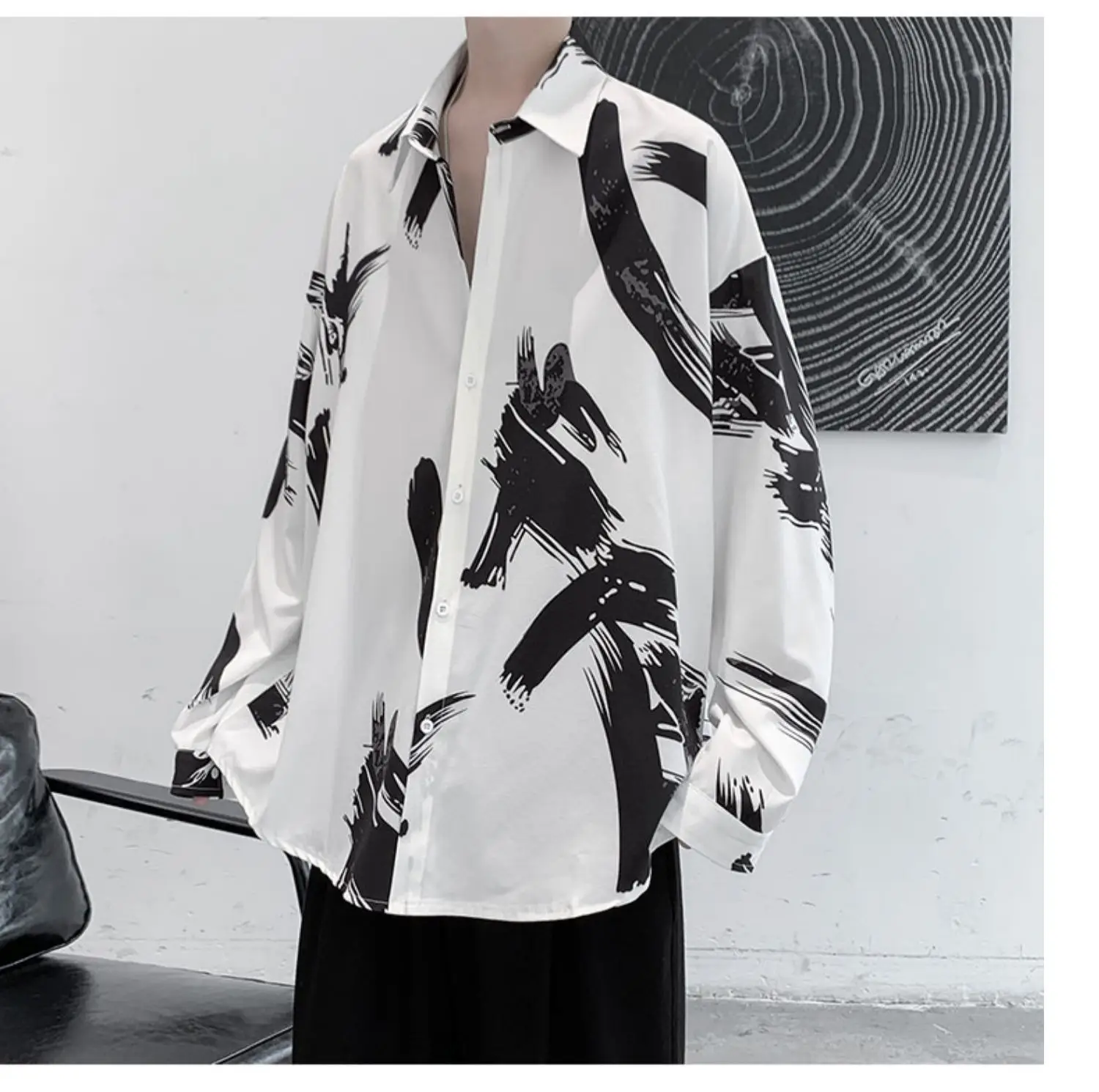 Long Sleeve Thin Ice Silk Men Shirt Black White Graphic - Image 5