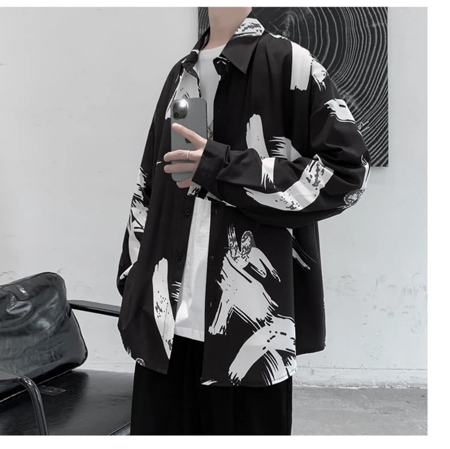 Long Sleeve Thin Ice Silk Men Shirt Black White Graphic - Image 6