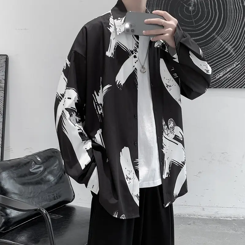 Long Sleeve Thin Ice Silk Men Shirt Black White Graphic - Image 7