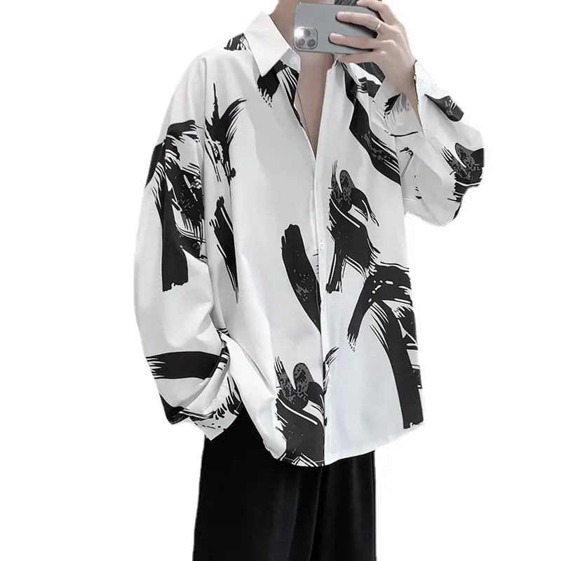 Long Sleeve Thin Ice Silk Men Shirt Black White Graphic - Image 8