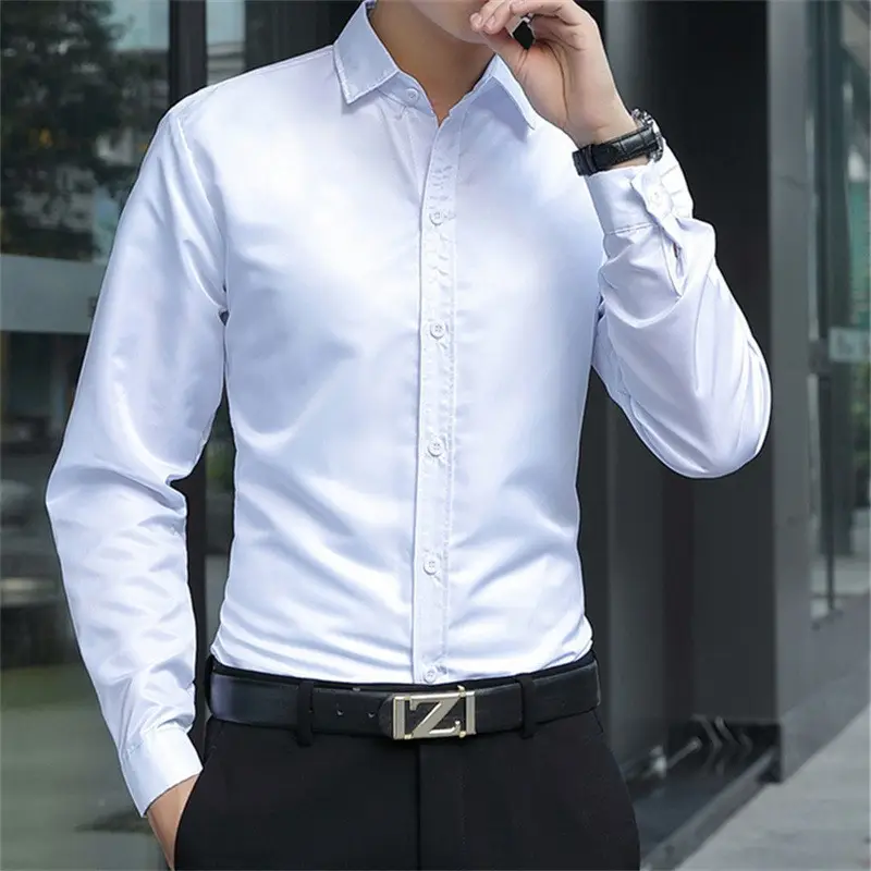 Long Sleeve Thin Ice Silk Men Shirt Black White Graphic - Image 3