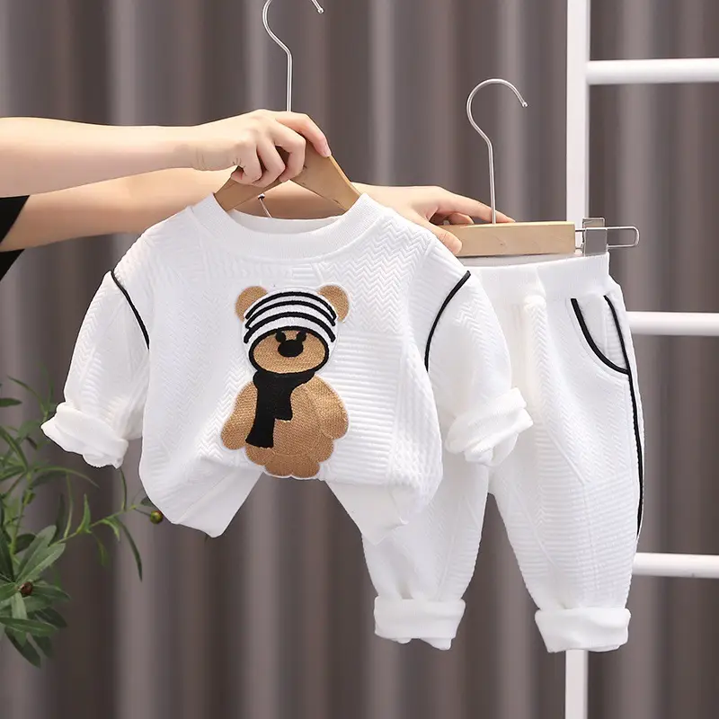 Korean New Kids Autumn Suit Gray Cartoon Bear Sweatshirt Pants