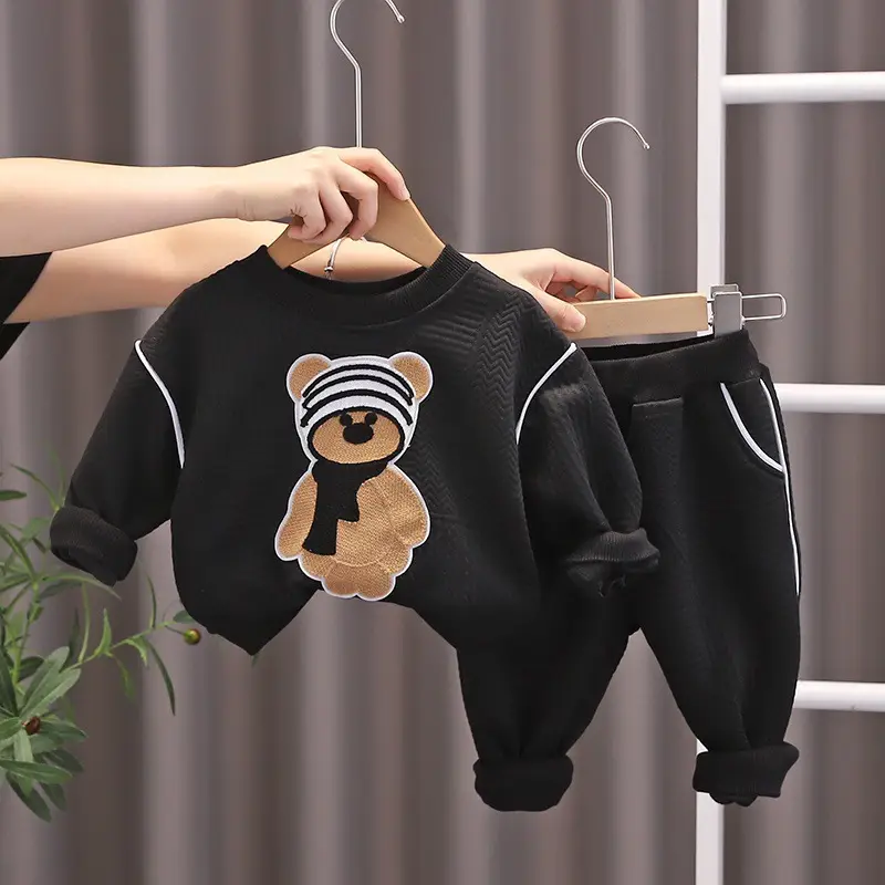 Korean New Kids Autumn Suit Gray Cartoon Bear Sweatshirt Pants