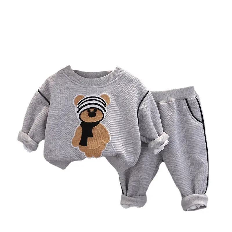 Korean New Kids Autumn Suit Gray Cartoon Bear Sweatshirt Pants