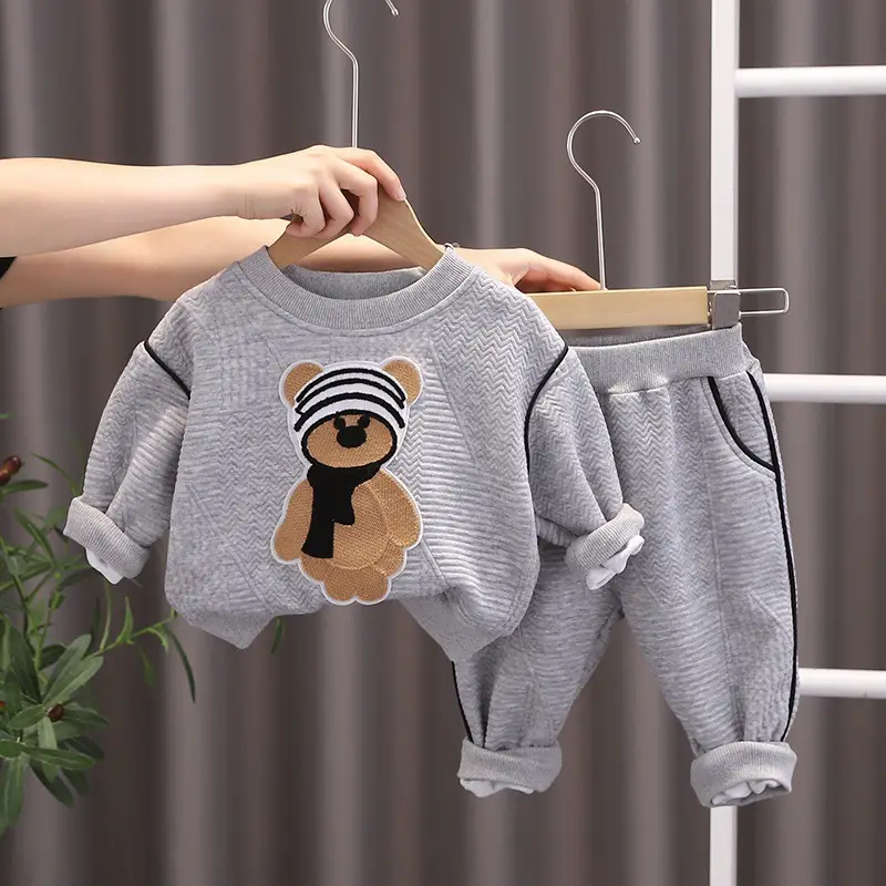 Korean New Kids Autumn Suit Gray Cartoon Bear Sweatshirt Pants