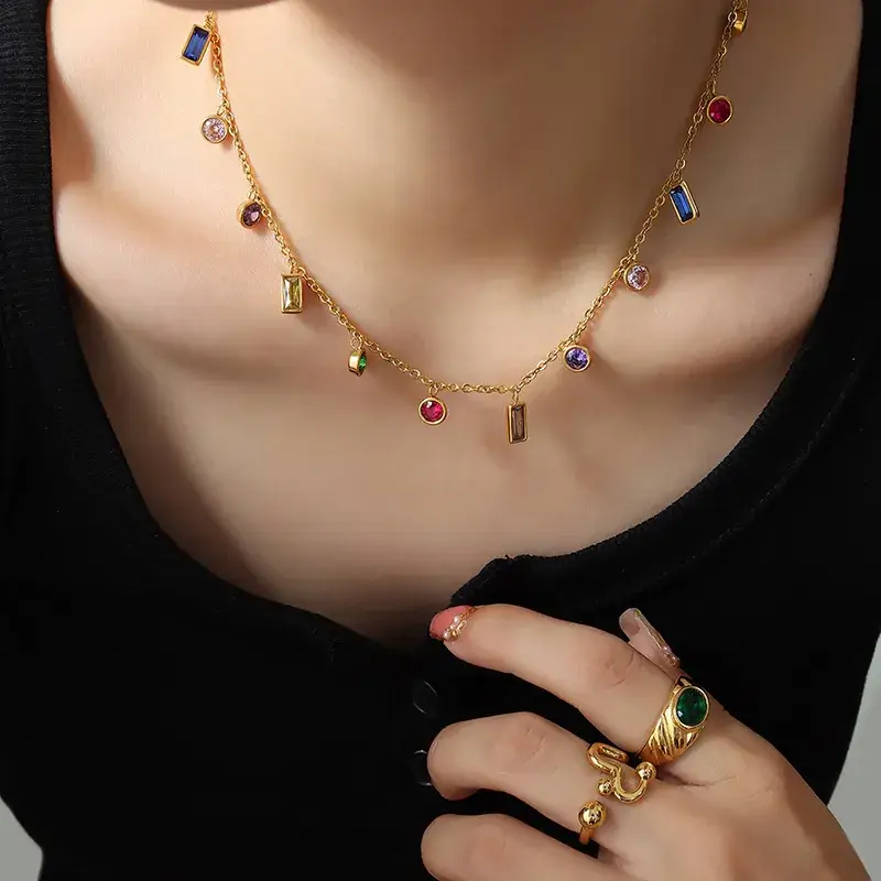 Korean Style Gold Square Tassel Bracelet Necklace Set