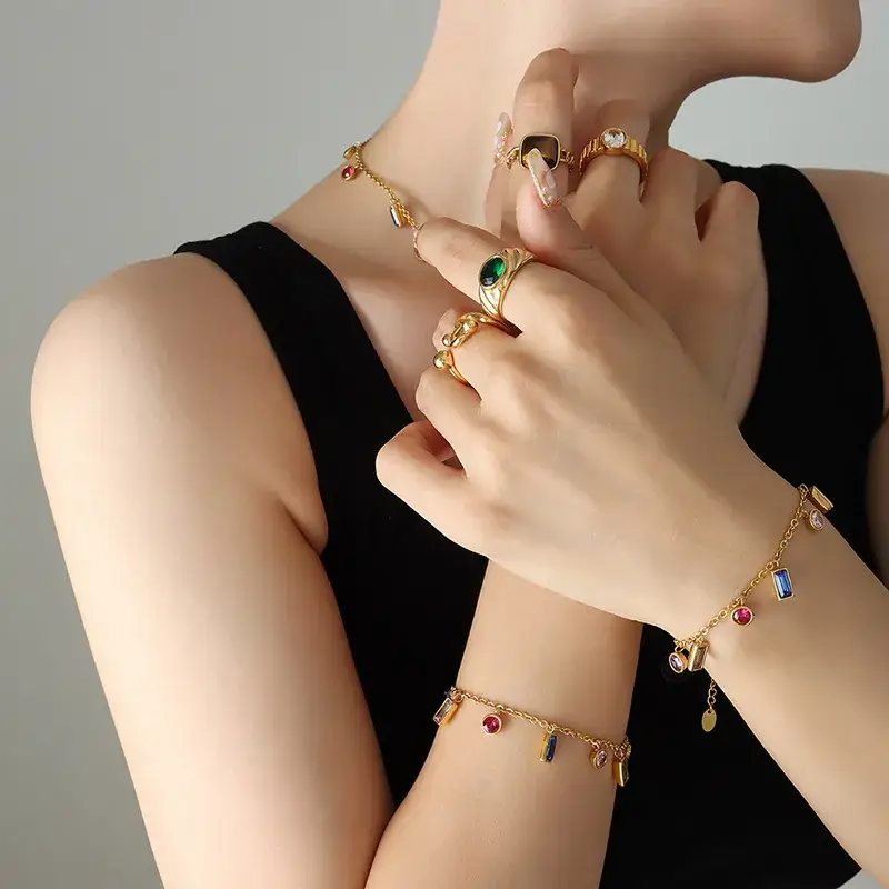 Korean Style Gold Square Tassel Bracelet Necklace Set