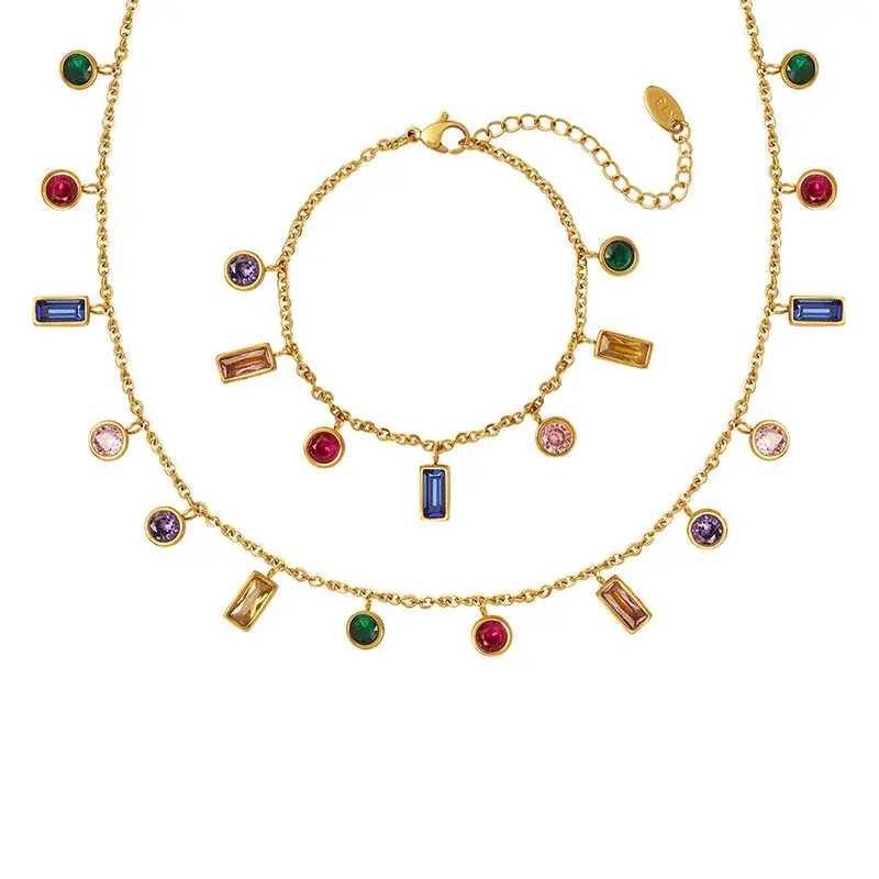 Korean Style Gold Square Tassel Bracelet Necklace Set