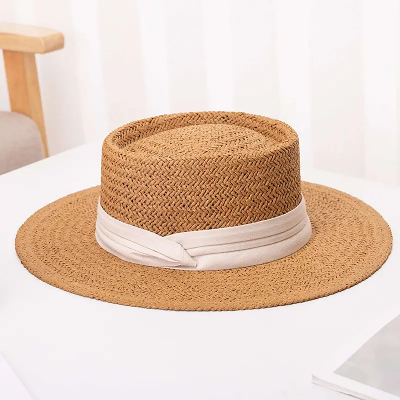 Women Straw Hat Blue Ribbon Summer Flat Top Big Brim