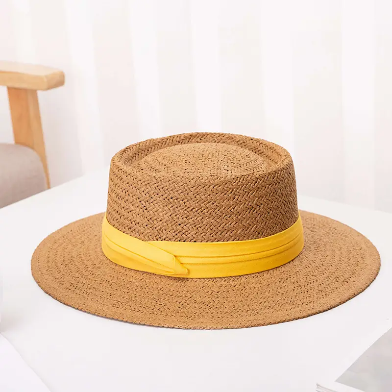 Women Straw Hat Blue Ribbon Summer Flat Top Big Brim