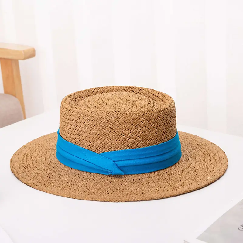 Women Straw Hat Blue Ribbon Summer Flat Top Big Brim