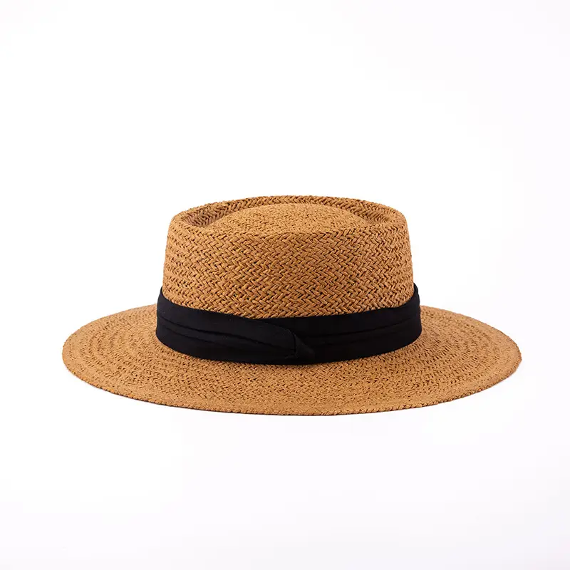 Women Straw Hat Blue Ribbon Summer Flat Top Big Brim