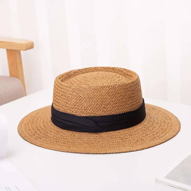 Women Straw Hat Blue Ribbon Summer Flat Top Big Brim