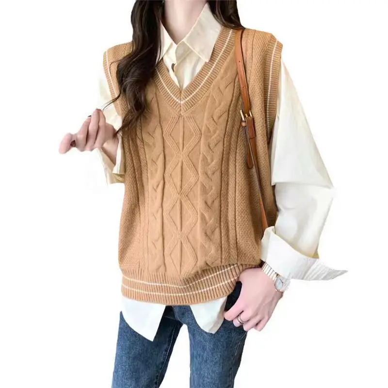 Women Loose V-Neck Knitted Vest Navy White - Image 6