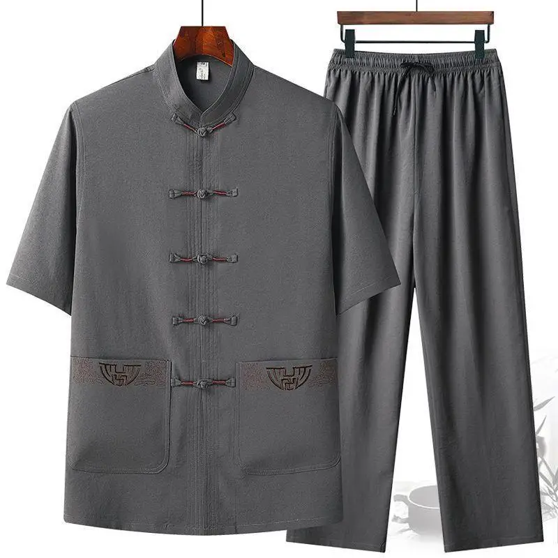 Men's Grey Embroidered Tang Suit Ice Silk Summer - Image 2