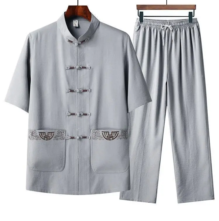 Men's Grey Embroidered Tang Suit Ice Silk Summer — feature 9