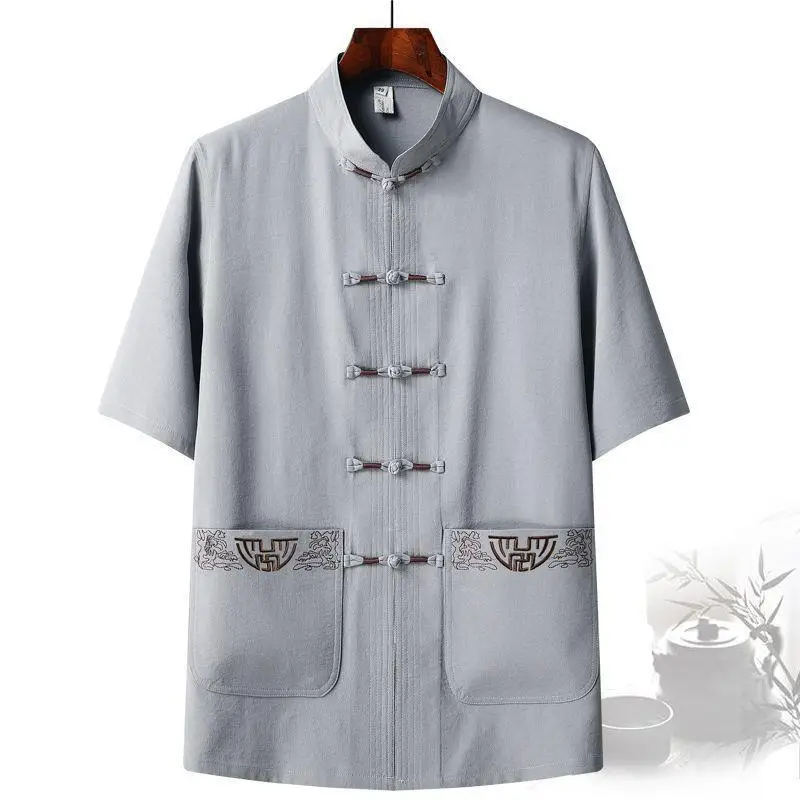 Men's Grey Embroidered Tang Suit Ice Silk Summer - Image 5