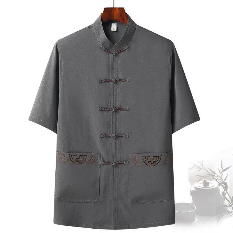 Men's Grey Embroidered Tang Suit Ice Silk Summer - Image 6