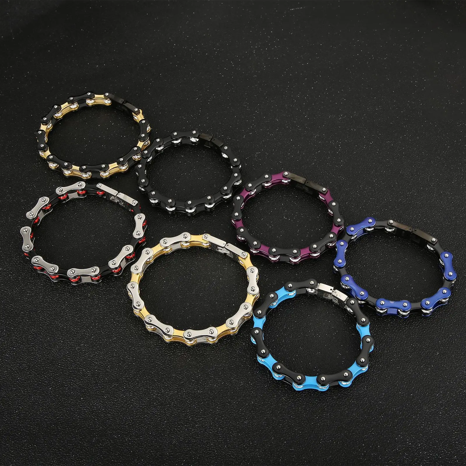 Titanium Steel Motorcycle Bracelet Orange Black Diamond Encrusted 46g