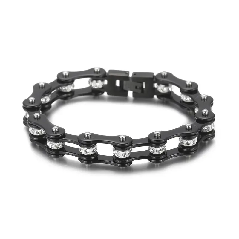 Titanium Steel Motorcycle Bracelet Orange Black Diamond Encrusted 46g