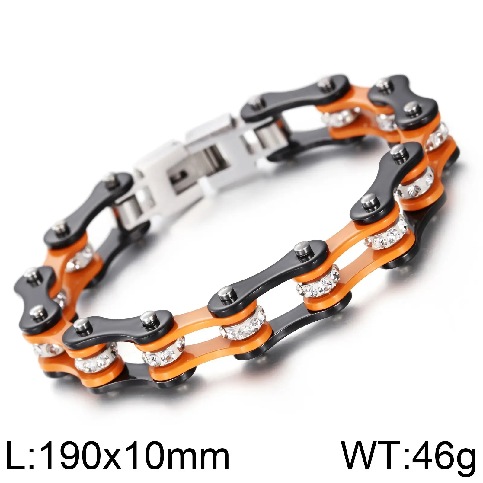 Titanium Steel Motorcycle Bracelet Orange Black Diamond Encrusted 46g