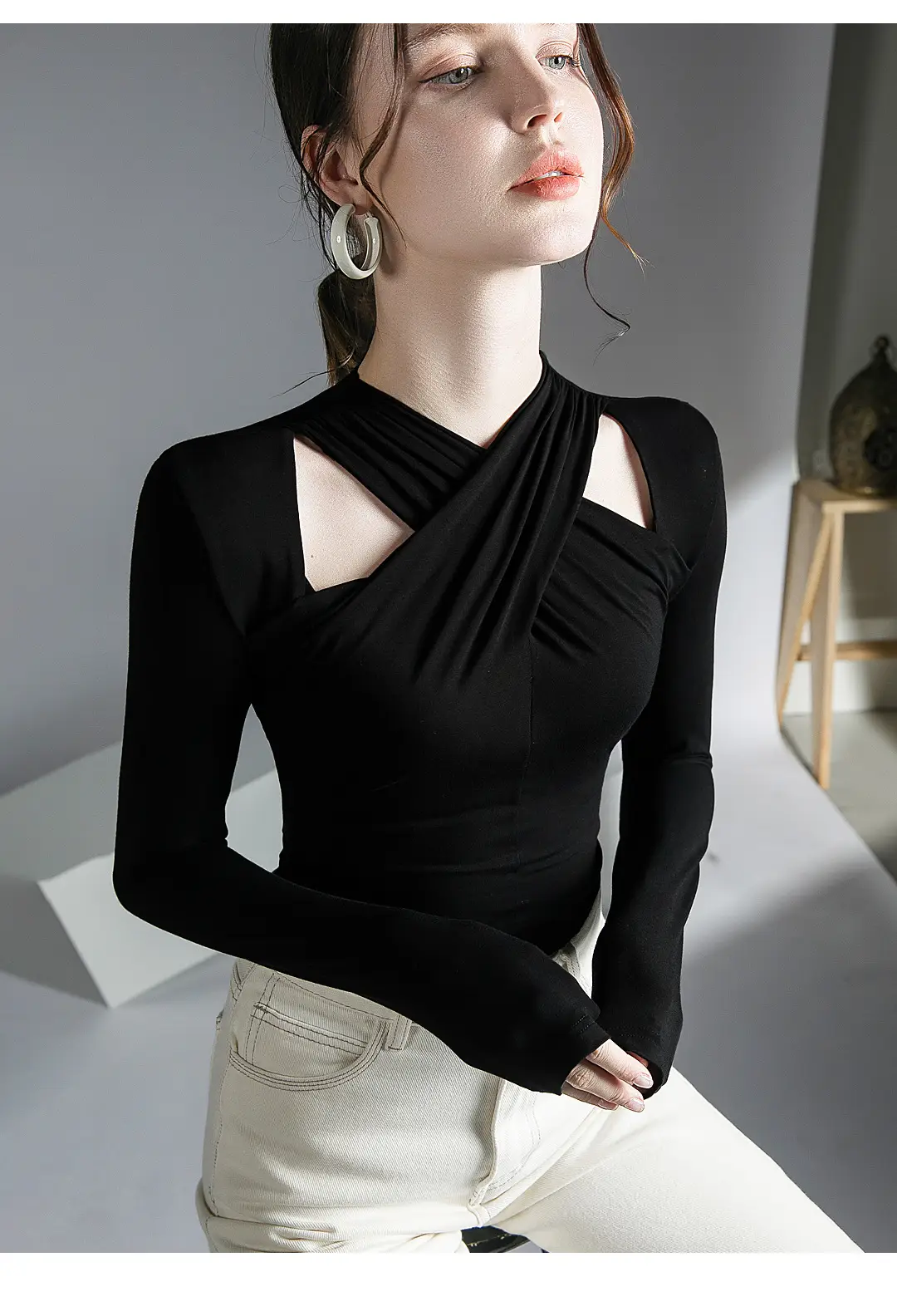 Hanging Neck Top Long Sleeve Black Underwear — feature 14