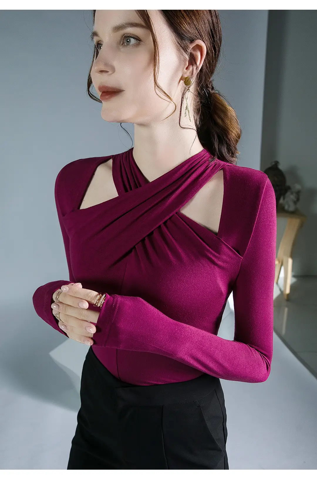 Hanging Neck Top Long Sleeve Black Underwear — feature 17