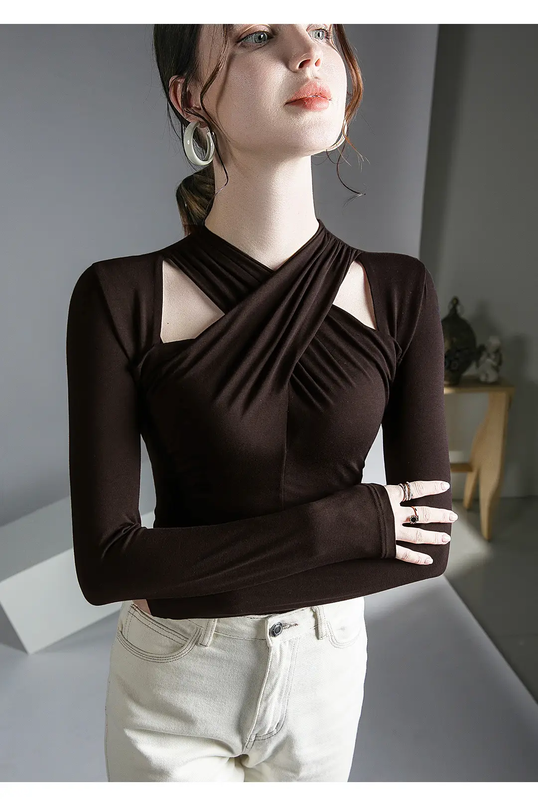Hanging Neck Top Long Sleeve Black Underwear — feature 4
