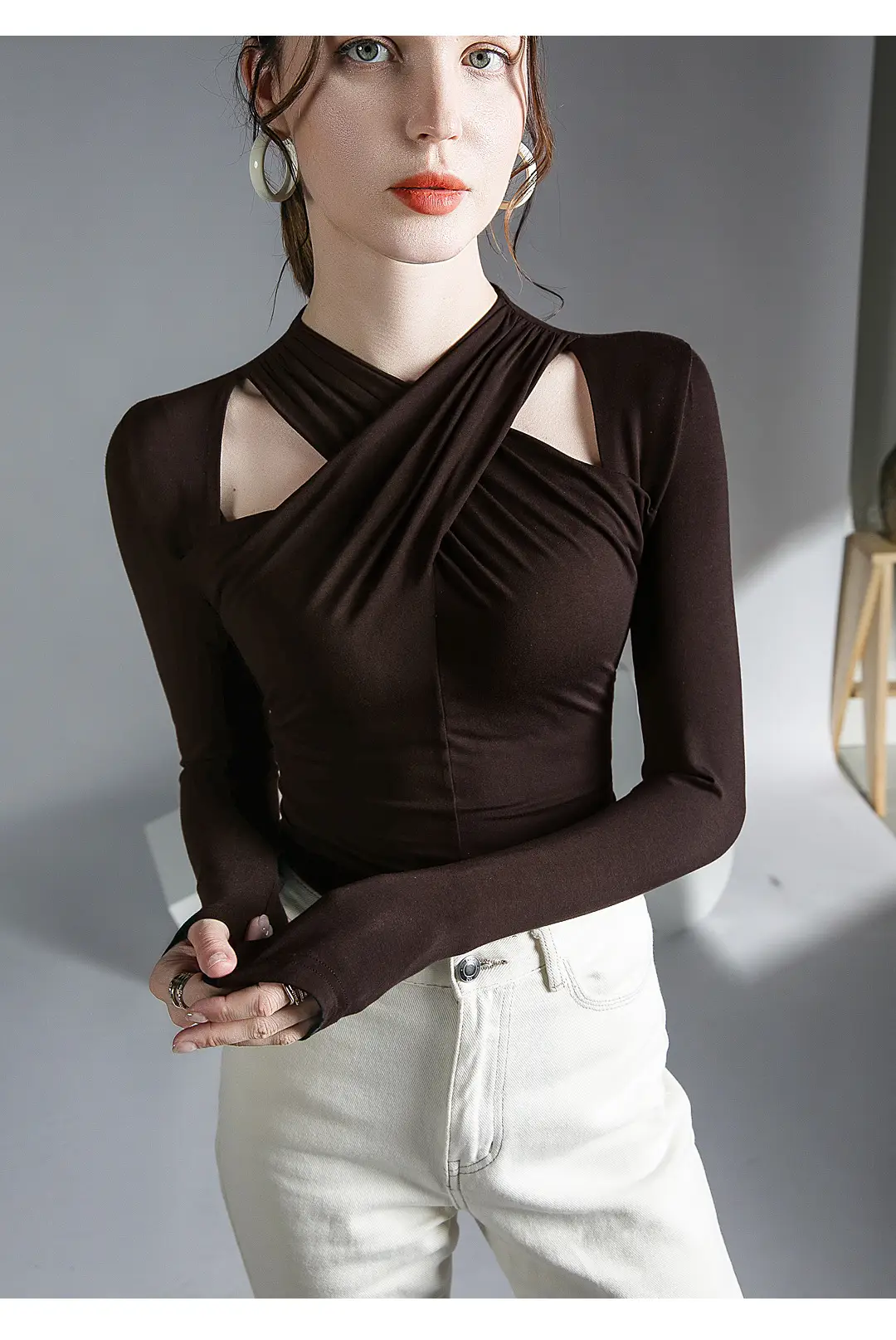 Hanging Neck Top Long Sleeve Black Underwear — feature 5