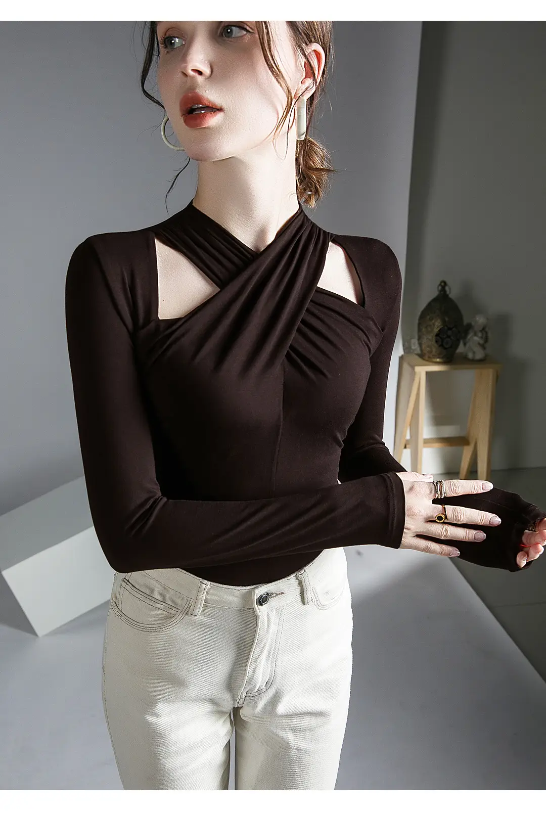 Hanging Neck Top Long Sleeve Black Underwear — feature 8