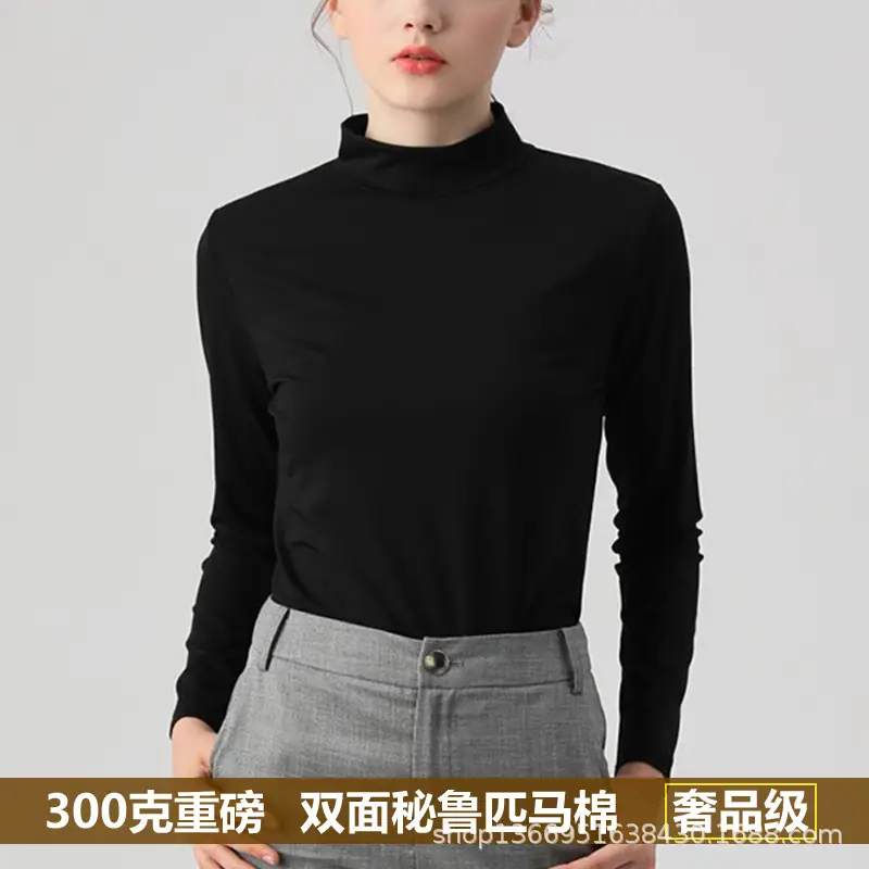 Women Heavy Weight Peruvian Cotton Half-High Collar T-Shirt Black - Image 6