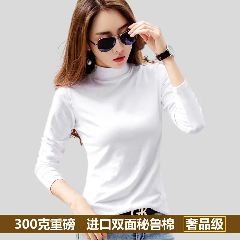 Women Heavy Weight Peruvian Cotton Half-High Collar T-Shirt Black - Image 7