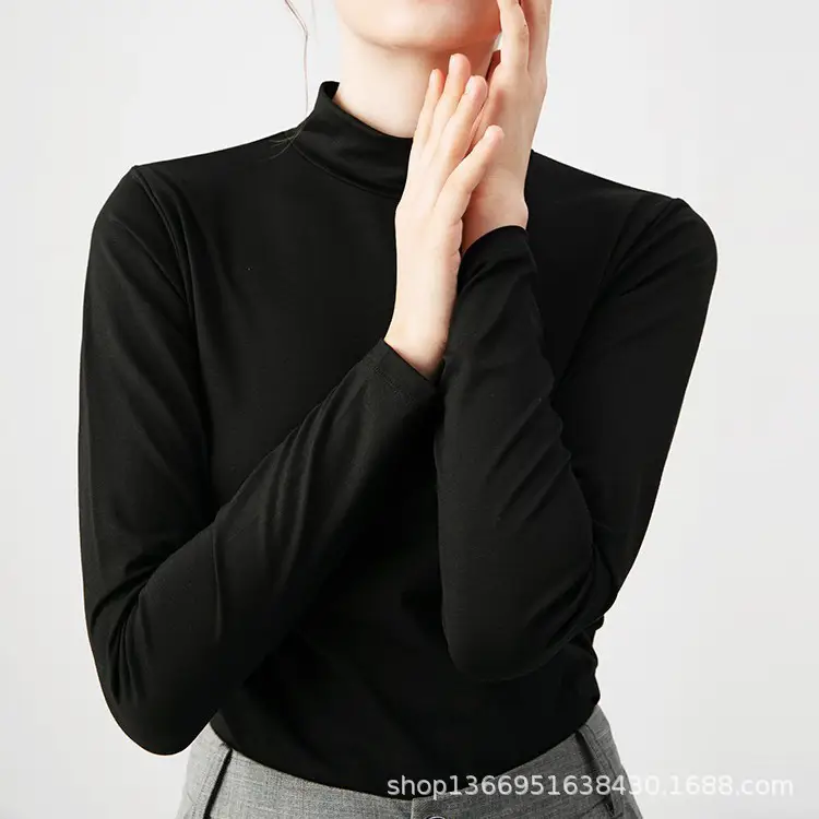 Women Heavy Weight Peruvian Cotton Half-High Collar T-Shirt Black - Image 2