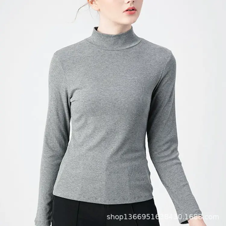 Women Heavy Weight Peruvian Cotton Half-High Collar T-Shirt Black - Image 3