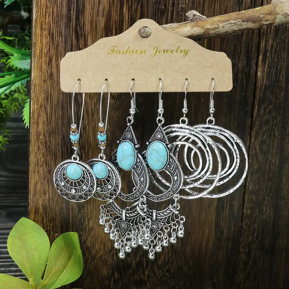 Ancient Silver Geometric Turquoise Hollow Earrings for Women - Image 11